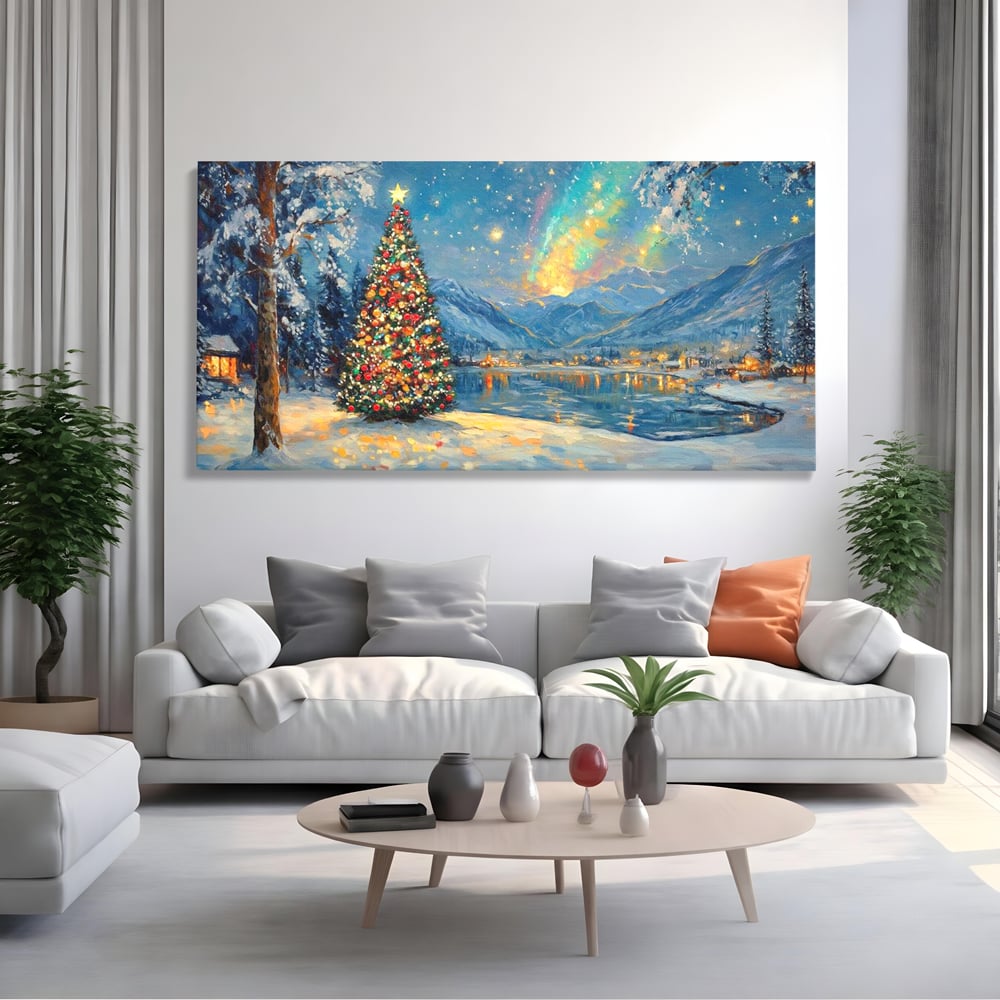 Tablou canvas cu pictura cu brad de craciun pe malul lacului, fara rama, pe sasiu de lemn, pe perete intr-un living